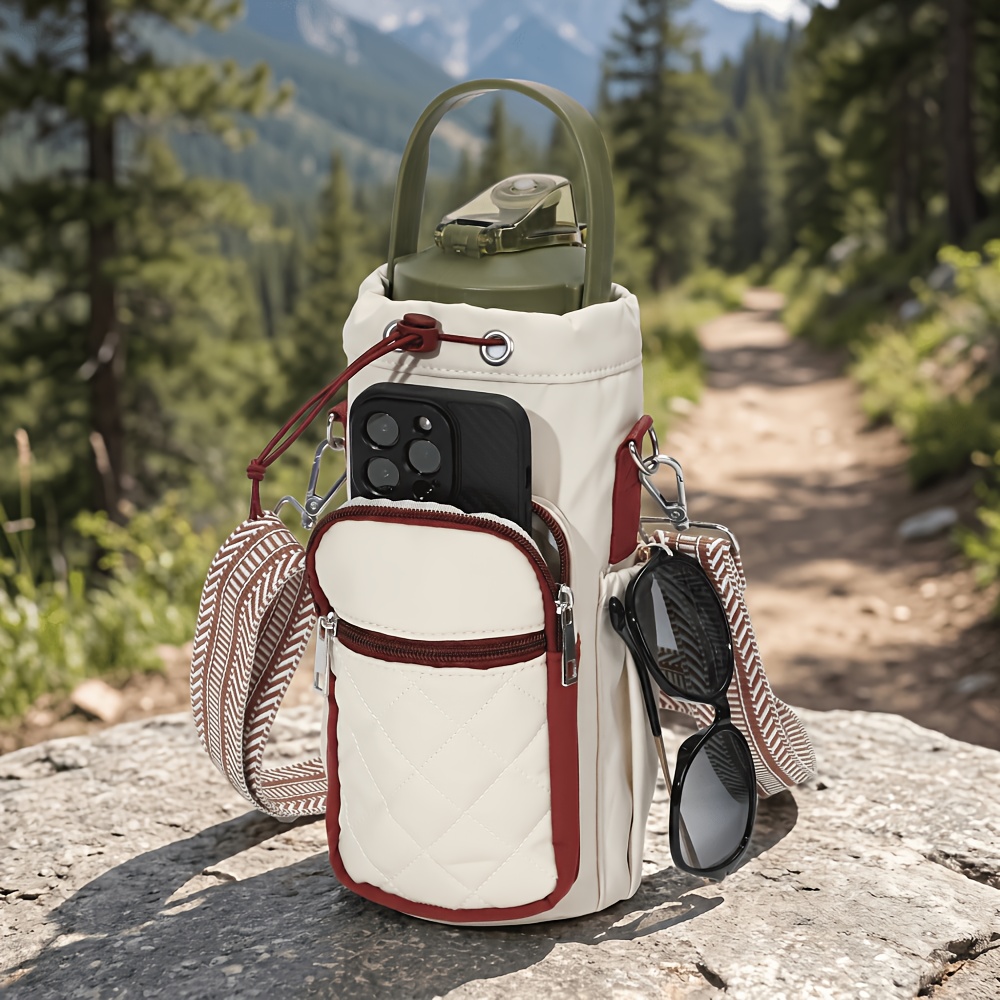 TEMU Quilted Water Bottle Holder Bag With Phone Pocket, Back To School Insulated Tumbler Carrier Crossbody Sling Purse For 40oz 32oz, Cream And