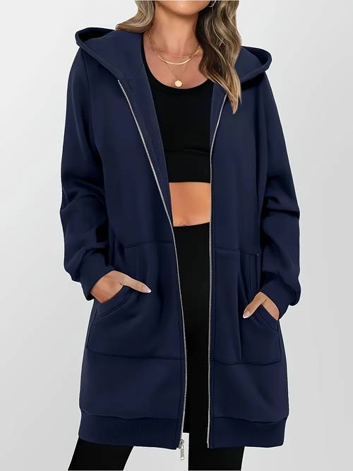 womens long zip up hooded sweatshirt casual versatile zip cardigan top