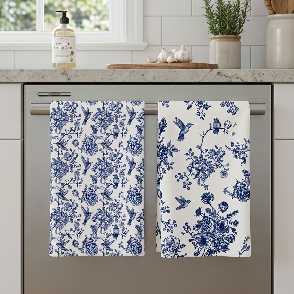 TEMU 2pcs Flour Sack Kitchen Towels, Blue And White Hummingbird Floral Dish Towels, Super Absorbent Tea Towels For Drying Dishes, Vintage Kitchen