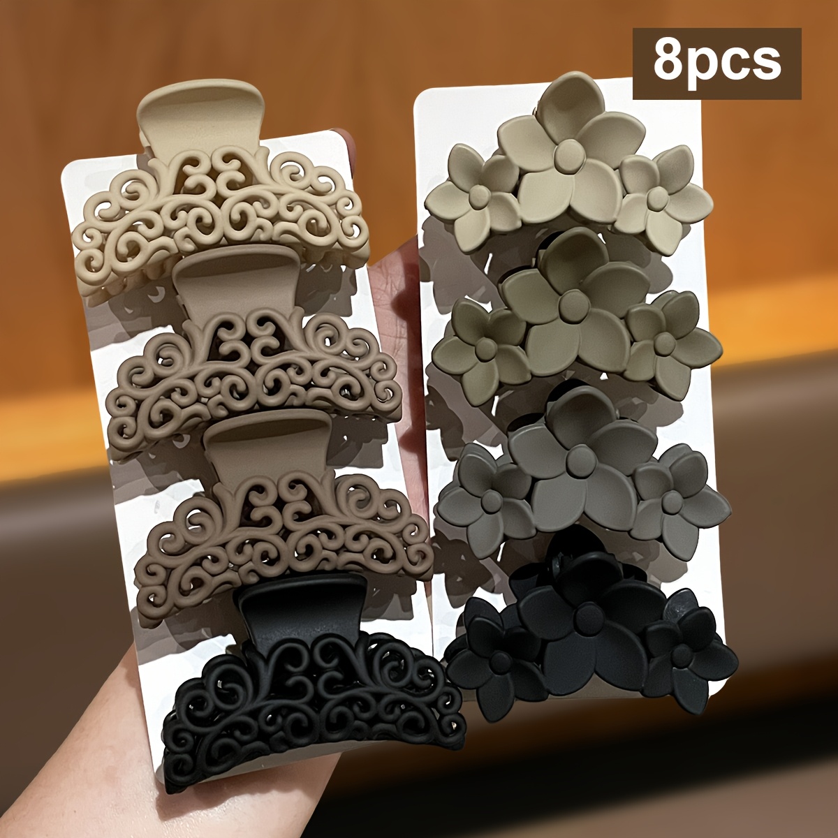 Image of 8pcs Morandi Color Flower Carved Hair Claw Clip For Women, Matte Texture, Does Not Or Scratch Hair, Suitable For Students, Office Workers, Mothers And Other Groups