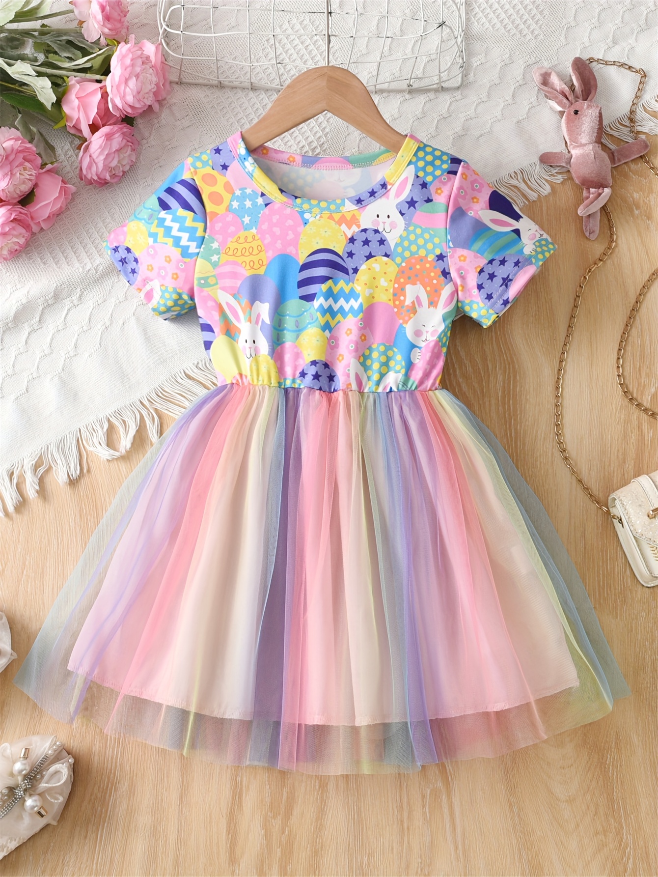 Girls' Cute Easter Outfit * Rabbit Print Short Sleeve Round Neck Multicolor  Mesh Casual Dress