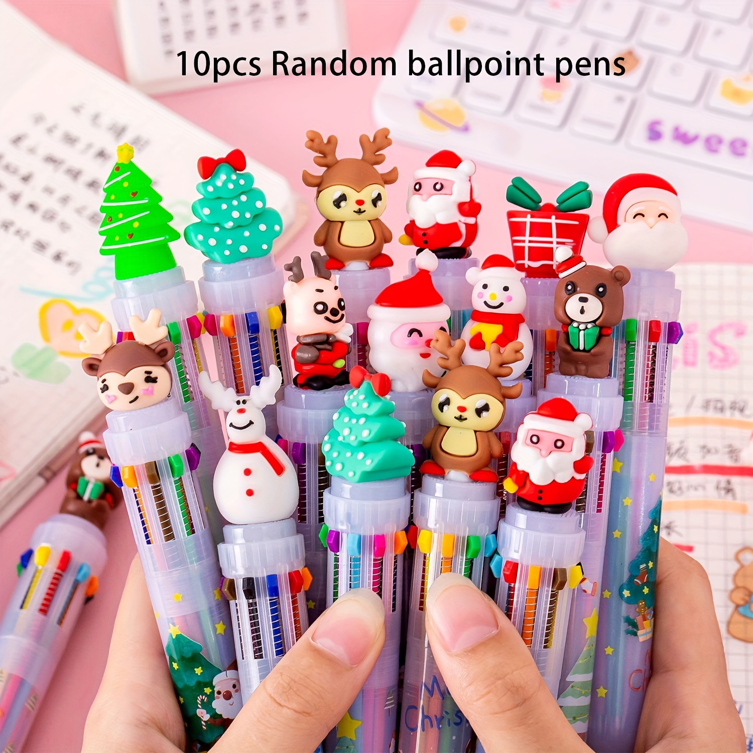 TEMU 10- Christmas Ballpoint Pens, Assorted , Ergonomic , Retractable, Tip, Plastic Body, Seasonal Stationery For , , Education Supplies