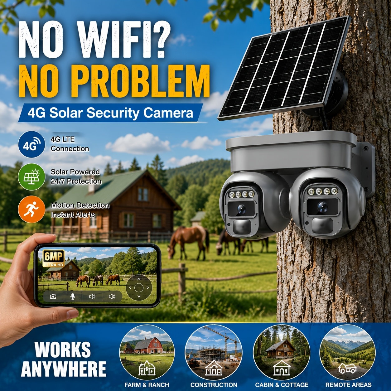 TEMU 4g Lte Cellular Solar Security Camera Outdoor, 6mp Dual-lens 360° Ptz Pan Tilt, Solar Panel Powered, No Wifi Needed, Pir Motion Detection, Color