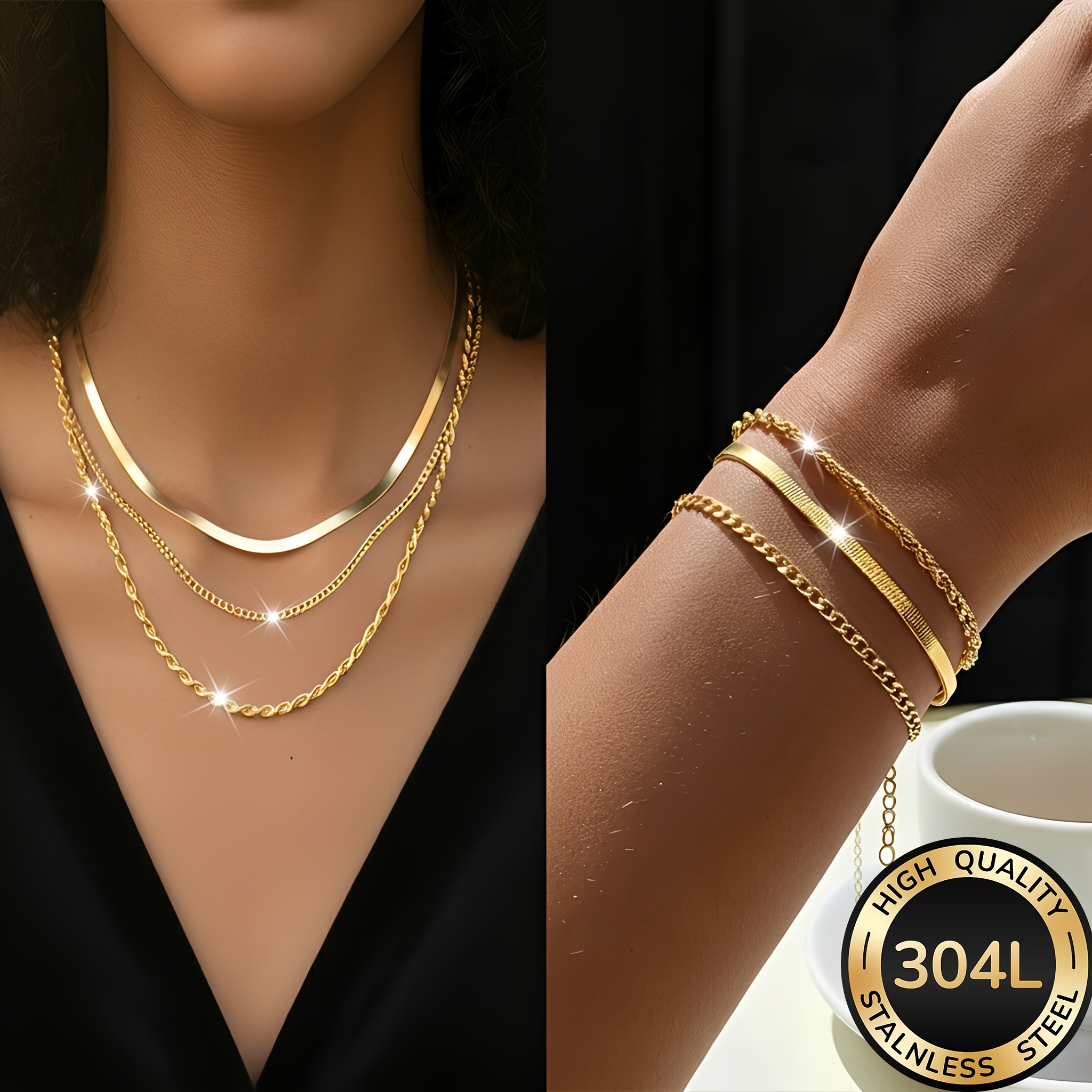 Image of 6pcs Fashion Women Stainless Steel Necklace Bracelet Set, Suitable For Dating, Vacation, Beach Party And Daily Wear