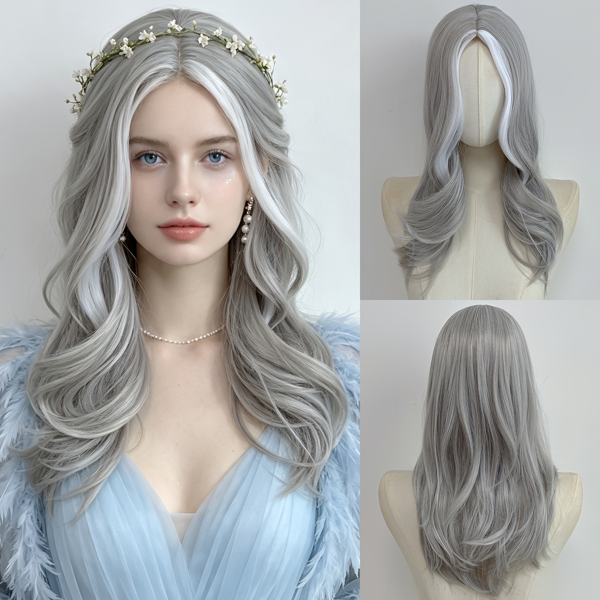 TEMU Zilvergrijze Lange Golf Synthetische Pruik 18 Inch Hittebestendige Gelaagde Volledige Damespruik Halloween Kerst Cosplay Party Kostuum