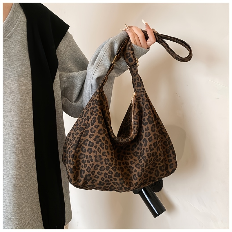 TEMU Leopard Print Single Shoulder Bag For Women, European And Crossbody Fabric Bag, Large Capacity Trendy Tote Bag, Commuter Underarm Bag,