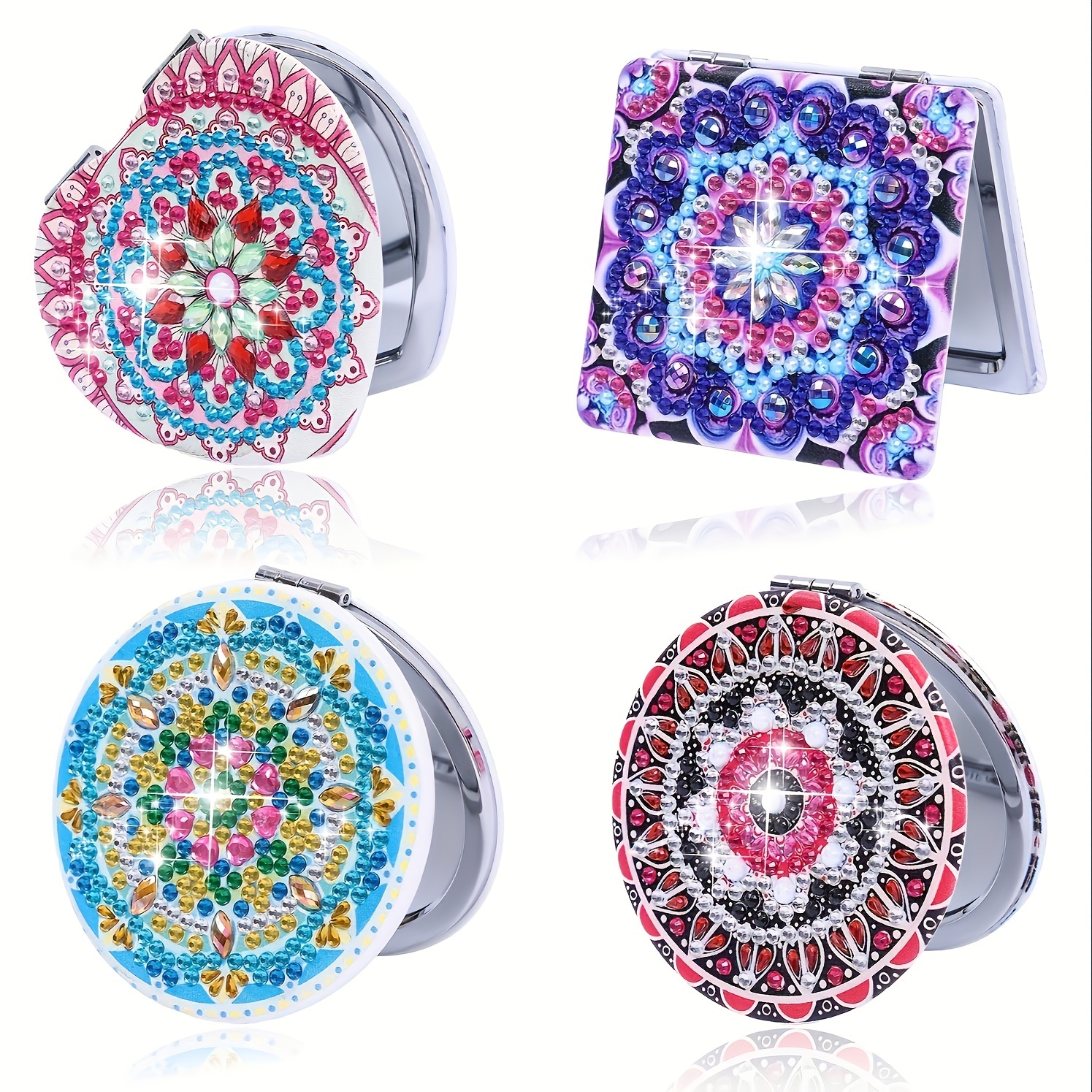 

4pcs Diamond Painting Art Compact Mandala Pattern Small Mirror Heart-shaped Mirror Diamond Painting Purse Mirror Folding Purse Mirror Kit Adult Gift For Lady Family