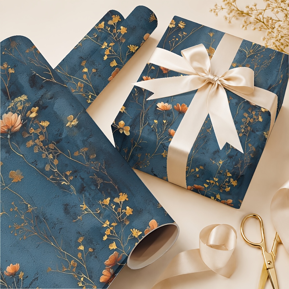 TEMU Rouleau de extra long 19,69 po x 118,11 po, papier d'emballage floral doré bleu marine pour anniversaires, mariages, Saint-Valentin et fêtes de