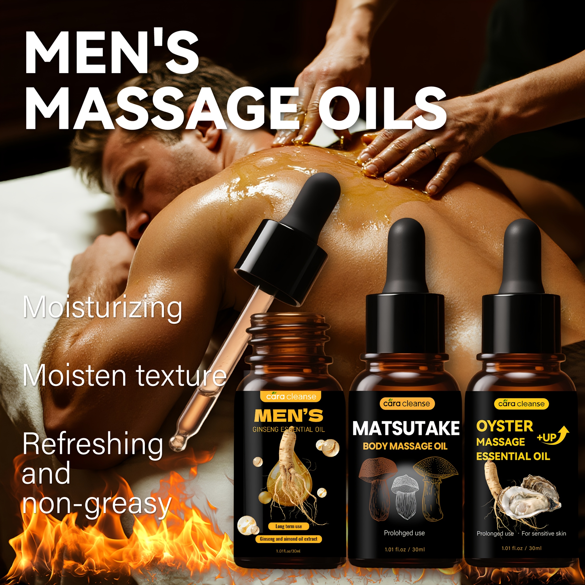 3pcs, 30ml Ginseng, Matsutake and Oyster Men's Massage Essential Oil Set, Rich in Ginseng, Matsutake and Oyster Extracts, Moisturizing, Gentle and Non-irritating, Suitable for Sensitive Skin. The Best Gift for Him