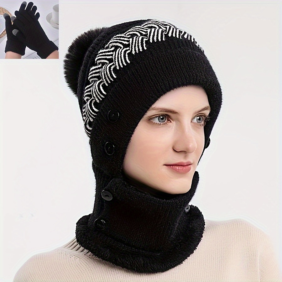 womens 2 piece winter knitted beanie set attached neck  display picture 1