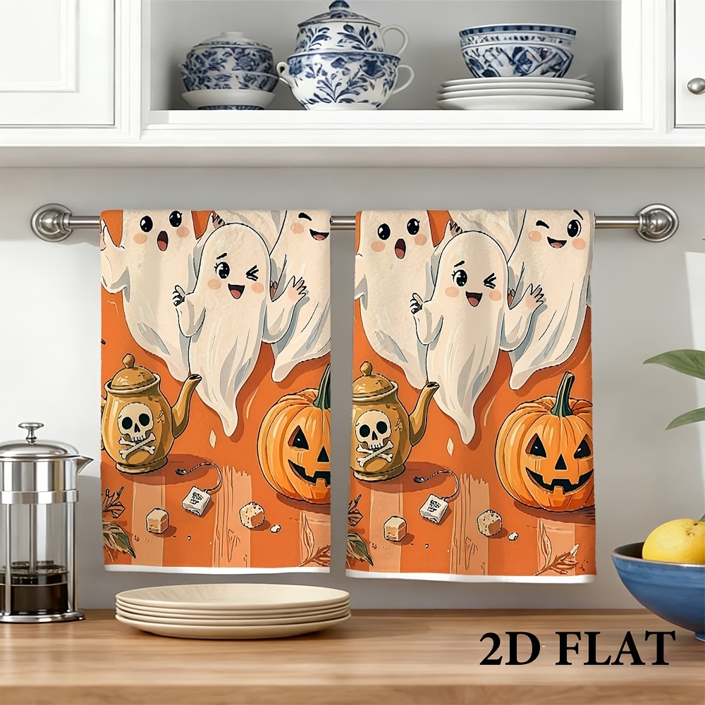 item picture 2pcs 2d flat printed towel set featuring a pattern of ghosts standing around a teapot lightweight absorbent soft and comfortable machine washable suitable for kitchen bathroom and gym decor multi functional decorative hand towels 2d flat