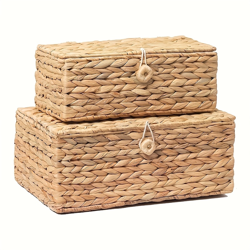 Image of Set Of 2 Rectangular Wicker Storage Bins With Lid, Rattan Basket Decorative Boxes, Multipurpose Organizer Rattan Display Boxes For Shelf Organizer, Boho Rattan Box For Home Decoration, Shelf Baskets