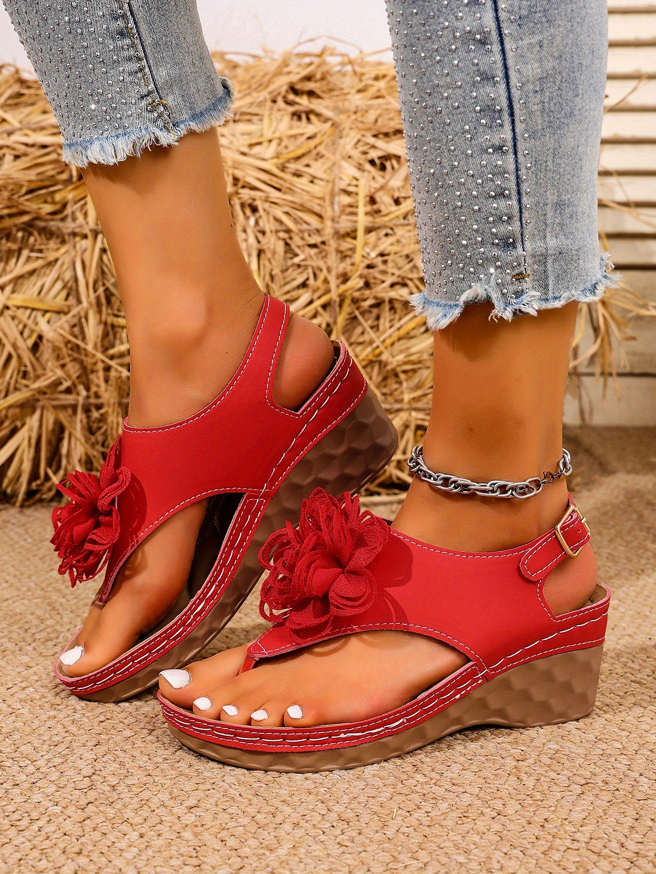 womens summer wedge sandals slip on open toe casual shoes with floral accents soft synthetic cover pu sole comfortable lightweight design for beach office or casual attire Product details 17