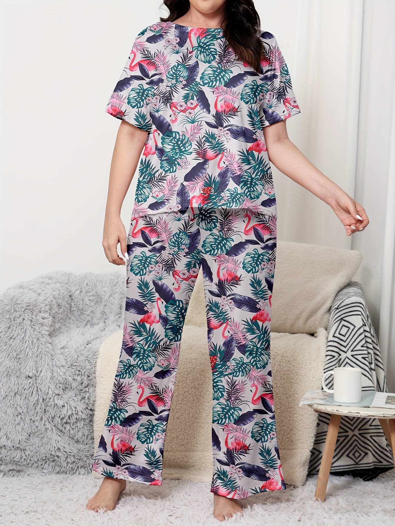 Plus Size Boho Pajama Set Women's Plus Tropical Print Short - Temu
