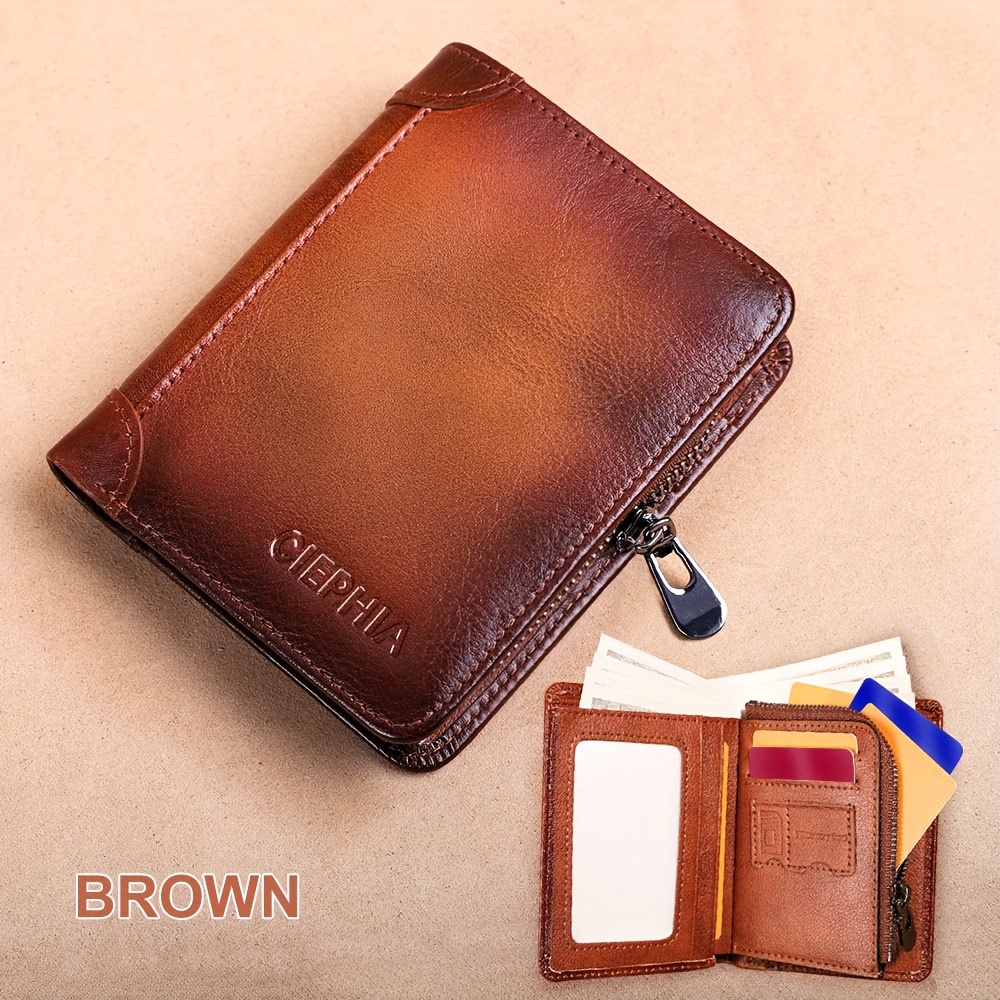 Image of Men's Vintage Cowhide Leather Wallet, Rfid Blocking Protection With Zipper Coin Purse Top Layer Leather Wallets For Man, Multi Functional Id Credit Card Holder Perfect Gift For Him