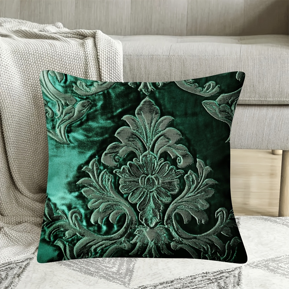 

Emerald Pillow Cover With Baroque Embroidery - Soft Short Plush, Zip Closure, Machine Washable - Living Room, Bedroom, Office Decor - 18x18 Inches, Intricate, Pillow Covers