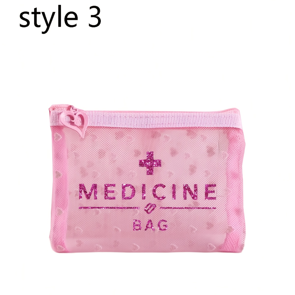 Image of 1pc Pink Heart Mini Portable Mesh Medicine Bag, Printed With "medicine" Lettering And Cross Pattern, Emergency Bag Storage Bag For Outdoor Home Use Medicine Pills Storage Bag (empty Bag Only)