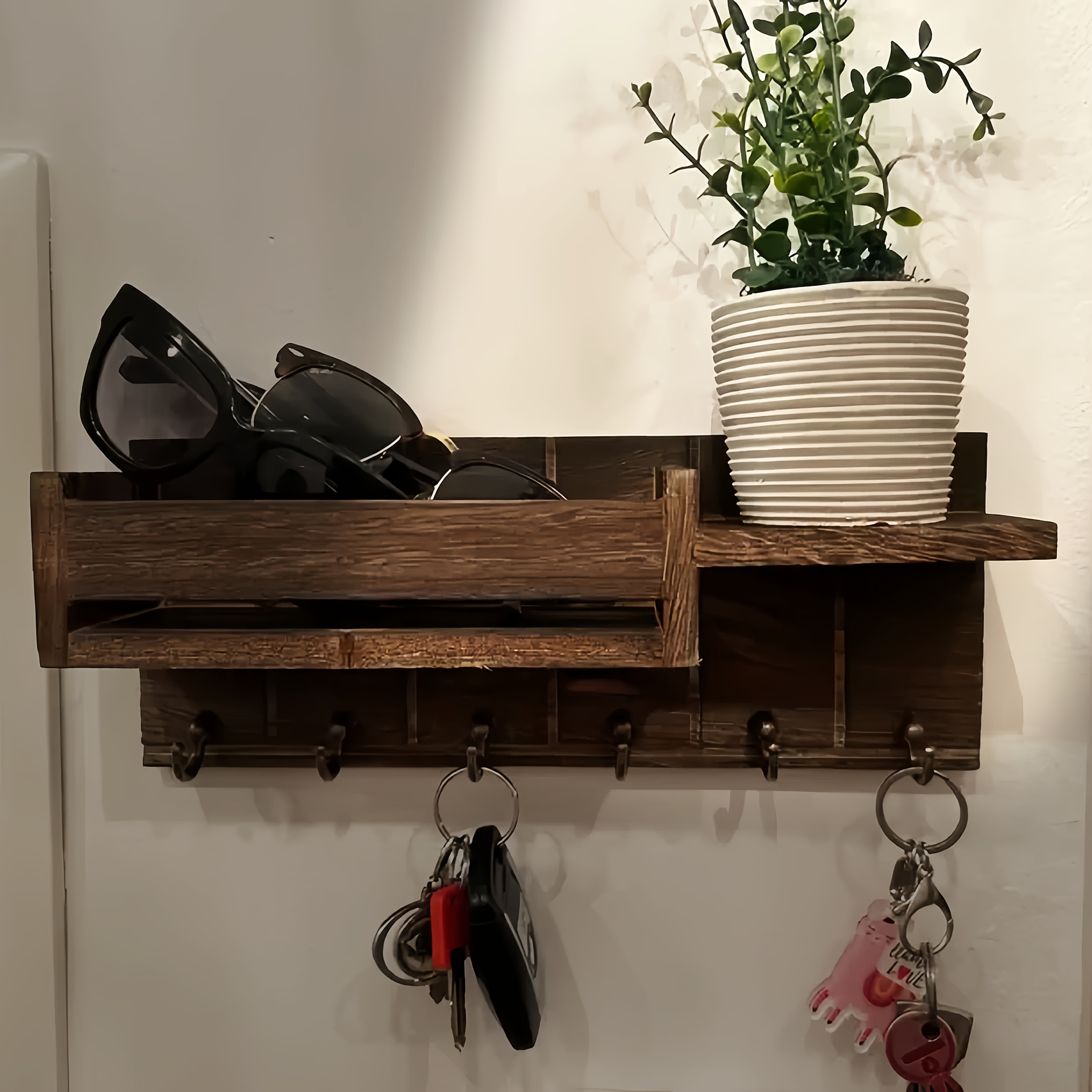 

1pc Rustic Wooden Key Holder With Hooks And Shelf - Wall Mounted Mail And Key Organizer For Entryway, Kitchen, Living Room - Farmhouse Decor Display Rack