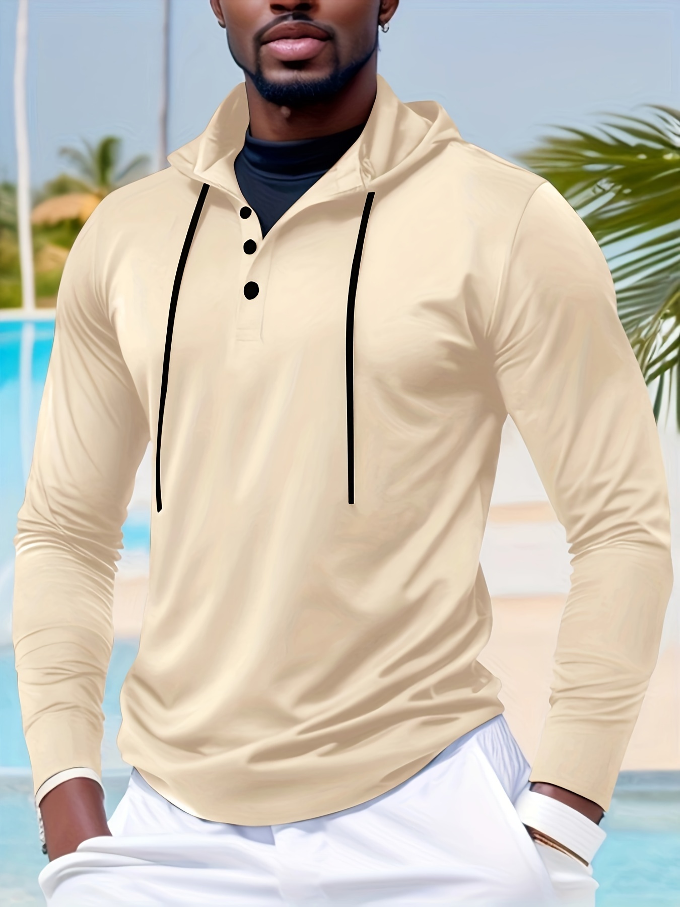 Solid Color Men's Fashion Hooded Long Sleeve Henley Shirt - Temu Canada