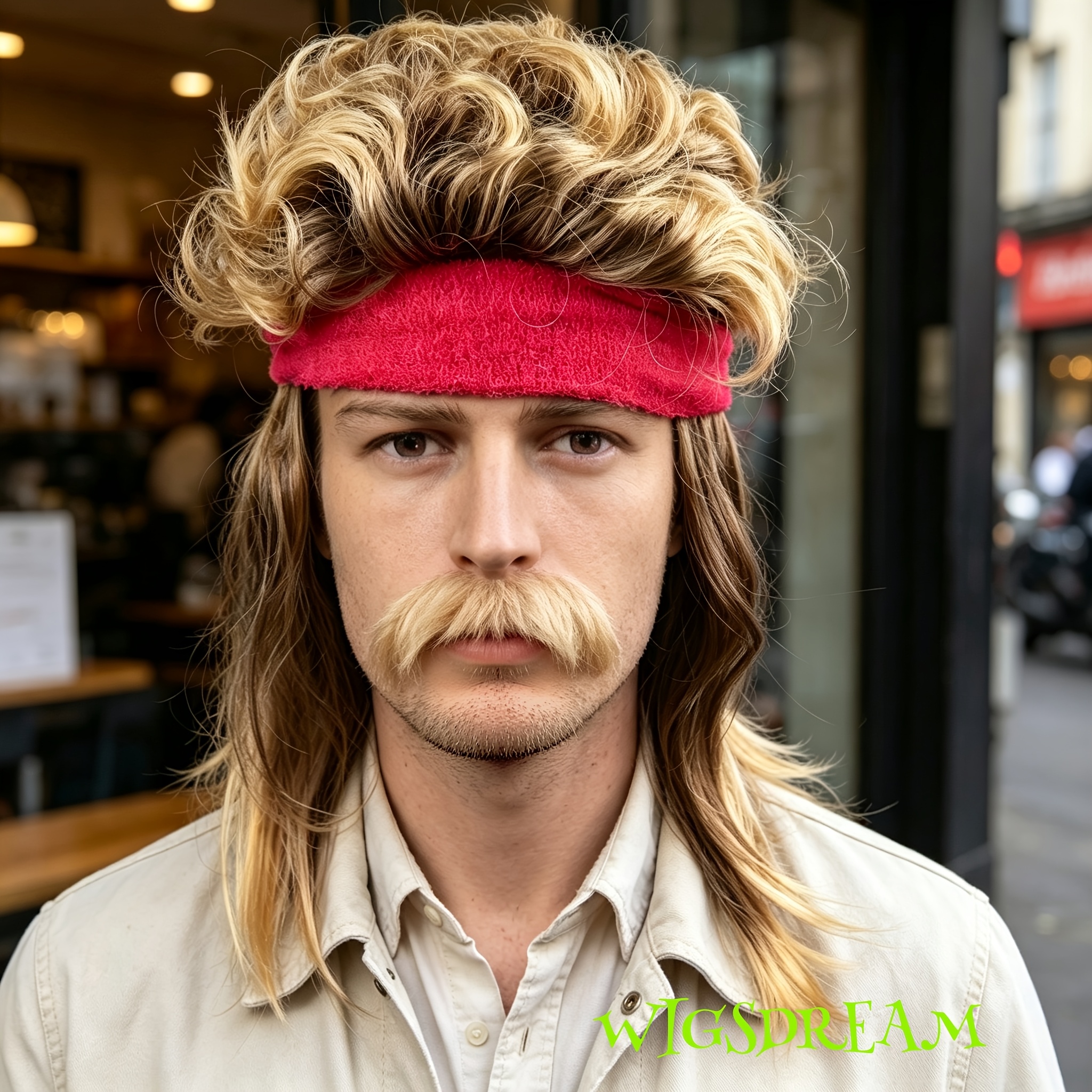 TEMU Perruque Tête de Requin Années 80 pour Homme, Cheveux Bouclés Dégradés Châtain Doré, avec Bandeau de Sport Rouge et Fausse Moustache, Perruque