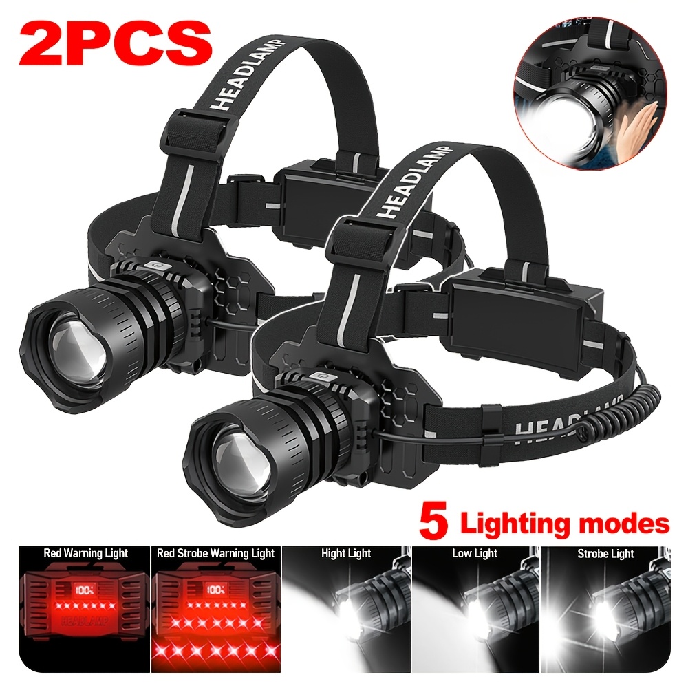 TEMU 2pcs Led Rechargeable Induction Headlamp, 5 Lighting Headlamp With Red Light Warning, 90° Adjustable Head Lights For Forehead, Running Headlamp,