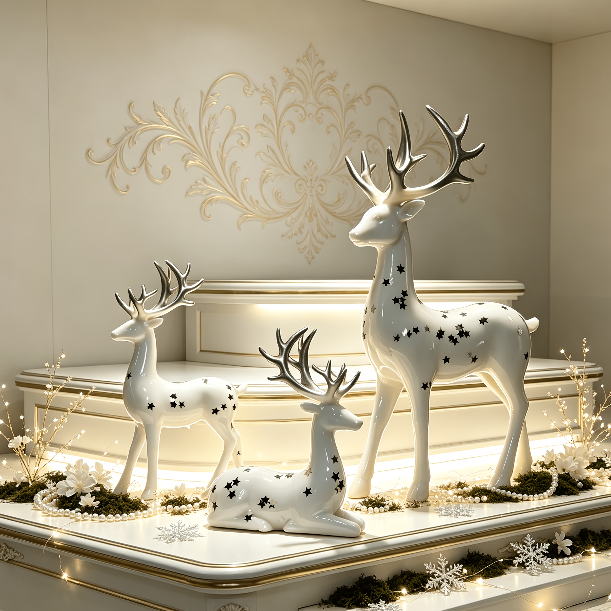 TEMU 3pcs Set, Collectible Figurines, Gorgeous Reindeer Statue With Silvery Antlers And Star Shaped Sequins Design, Perfect For Display In Living