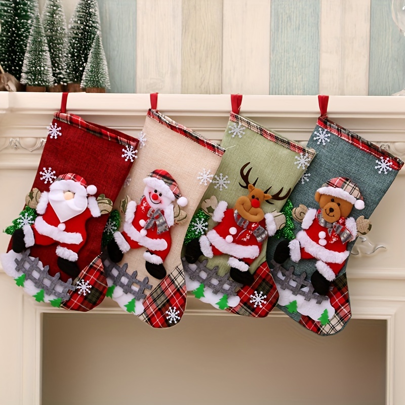 

4pcs Christmas Stockings Set - Classic Mid-calf Santa, Snowman & Reindeer Designs For Holiday Decor | Polyester Blend, Hand Washable