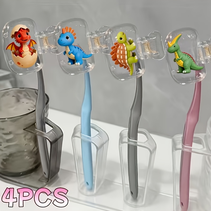 TEMU 4pcs Dinosaur Series 2d Pattern Portable Toothbrush Cover Set With Storage Case, Space-saving And Compact Toothbrush Protector Holder, A Great
