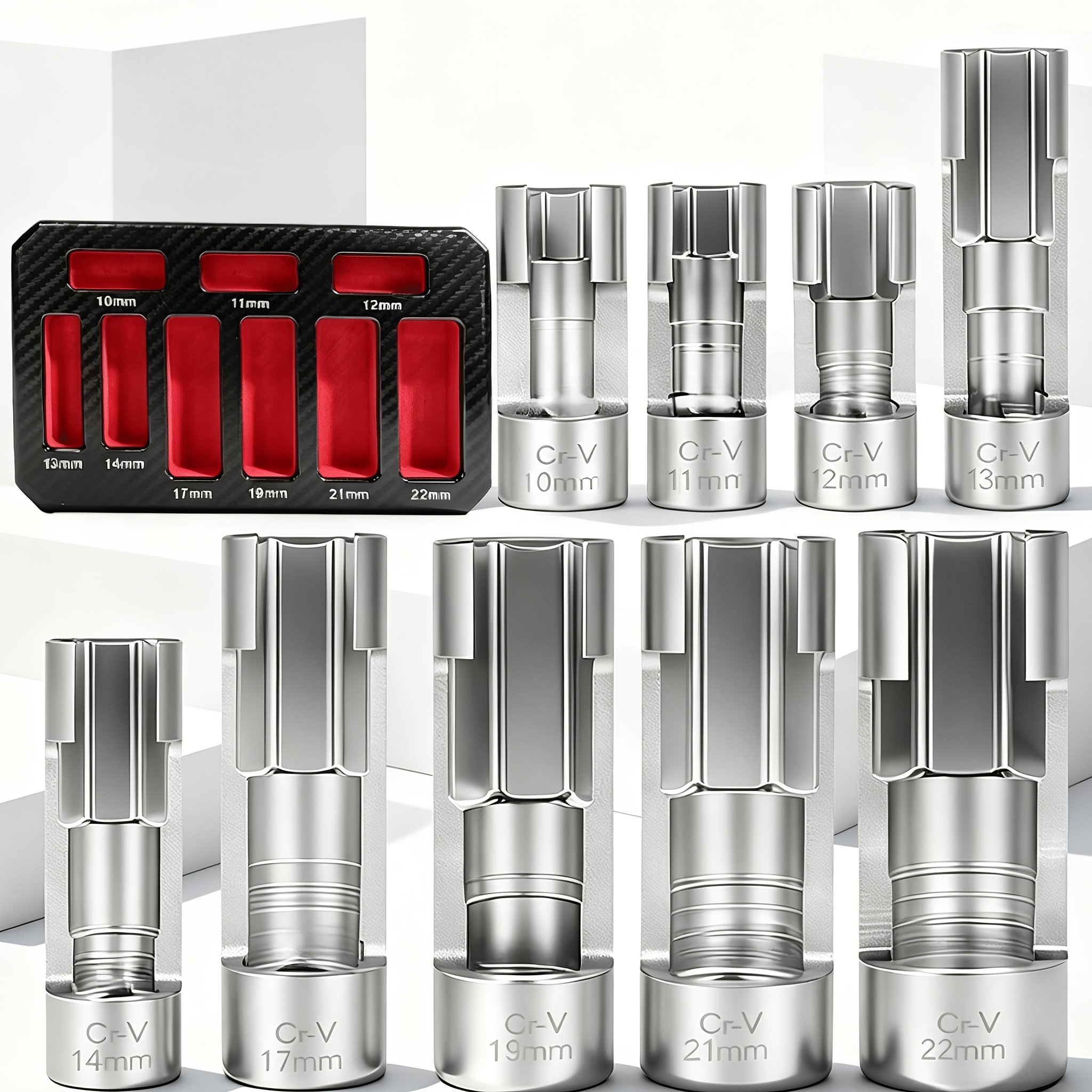 TEMU 9pcs 10-22mm Injector-fuel Line Socket Wrench Set |, For Master Cylinder Pipes, Oxygen Sensor Pressure, Socket Removal Tool