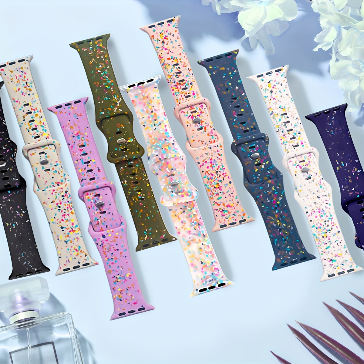 

Sparkling Flowers Sport Bands Compatible With Iwatch Band 38mm 40mm 41mm 42mm 44mm 45mm 49mm, Soft Silicone Waterproof Strap For Iwatch Series Ultra 9 8 7 6 5 4 3 2 1 Se
