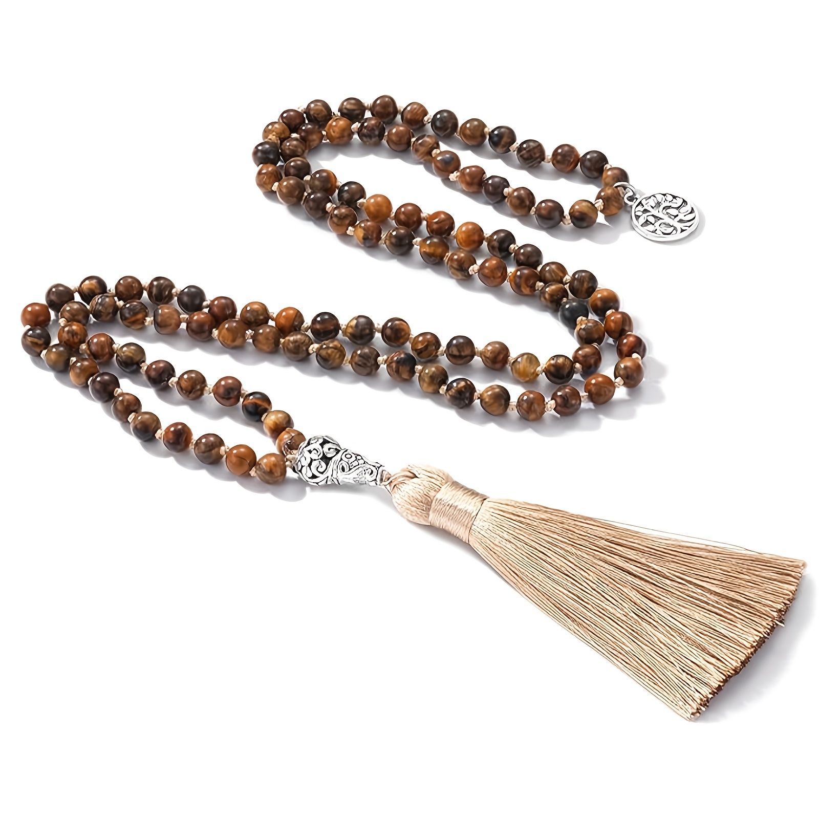 TEMU Collier Mâlâ 108 nœuds en perles d'œil de tigre naturel avec pendentif Arbre de Vie