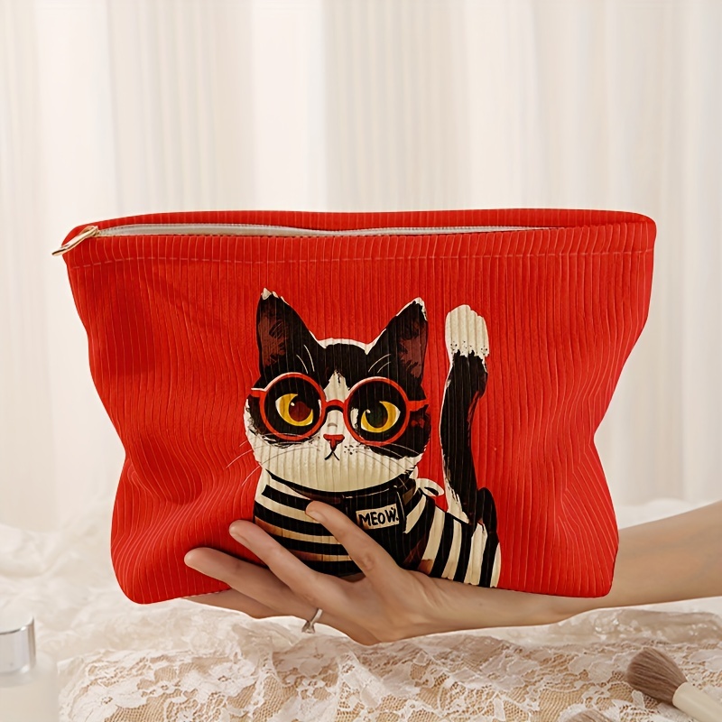 

Red Corduroy Makeup Bag With Kitten Design, Lightweight & Multifunctional Zippered Pouch With Lining - Ideal For Cosmetics & , Toiletry Organizer| Design|corduroy Fabric