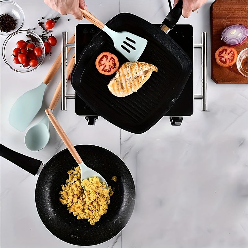 5pcs non stick kitchen utensil set with wooden handles   deep frying steak eggs 400 f heat resistant cooking tools details 2