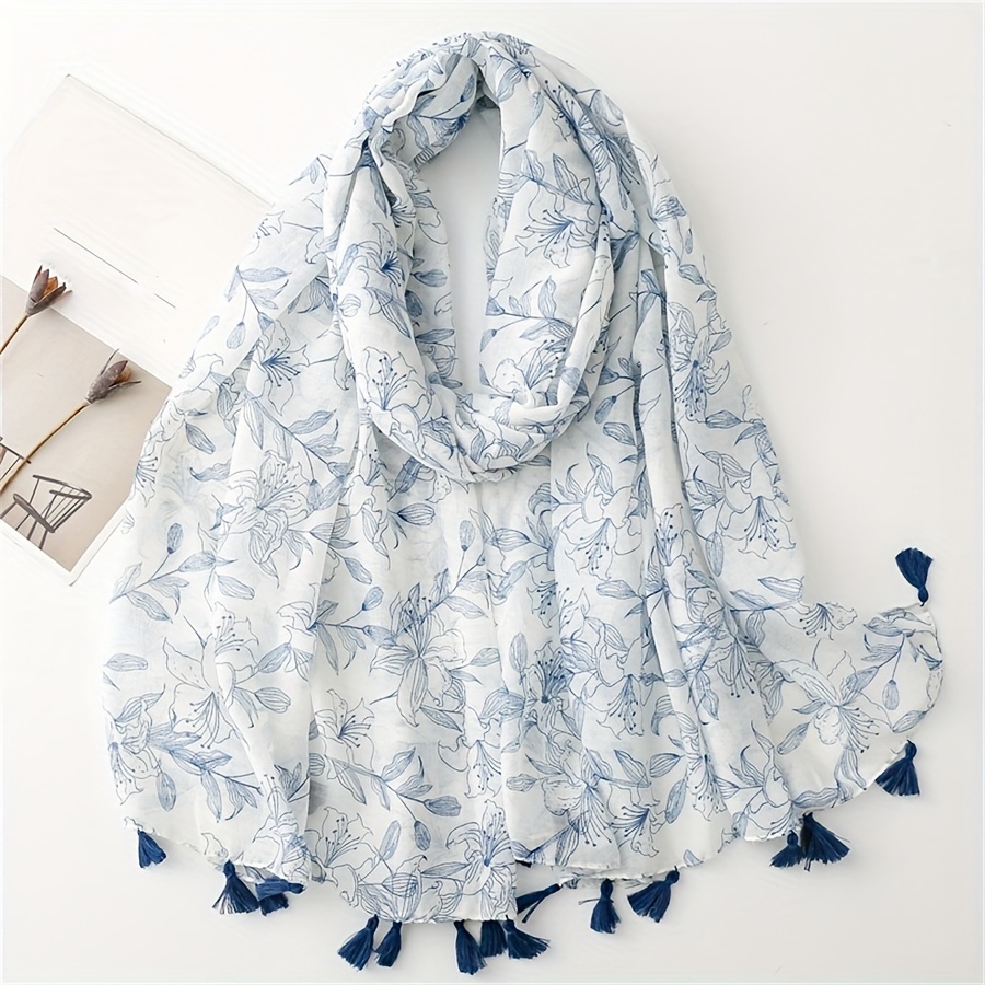 

Light Blue Floral Tassel Scarf For Women - Soft, Breathable Polyester Shawl With Sun Protection - Casual & Beach Travel