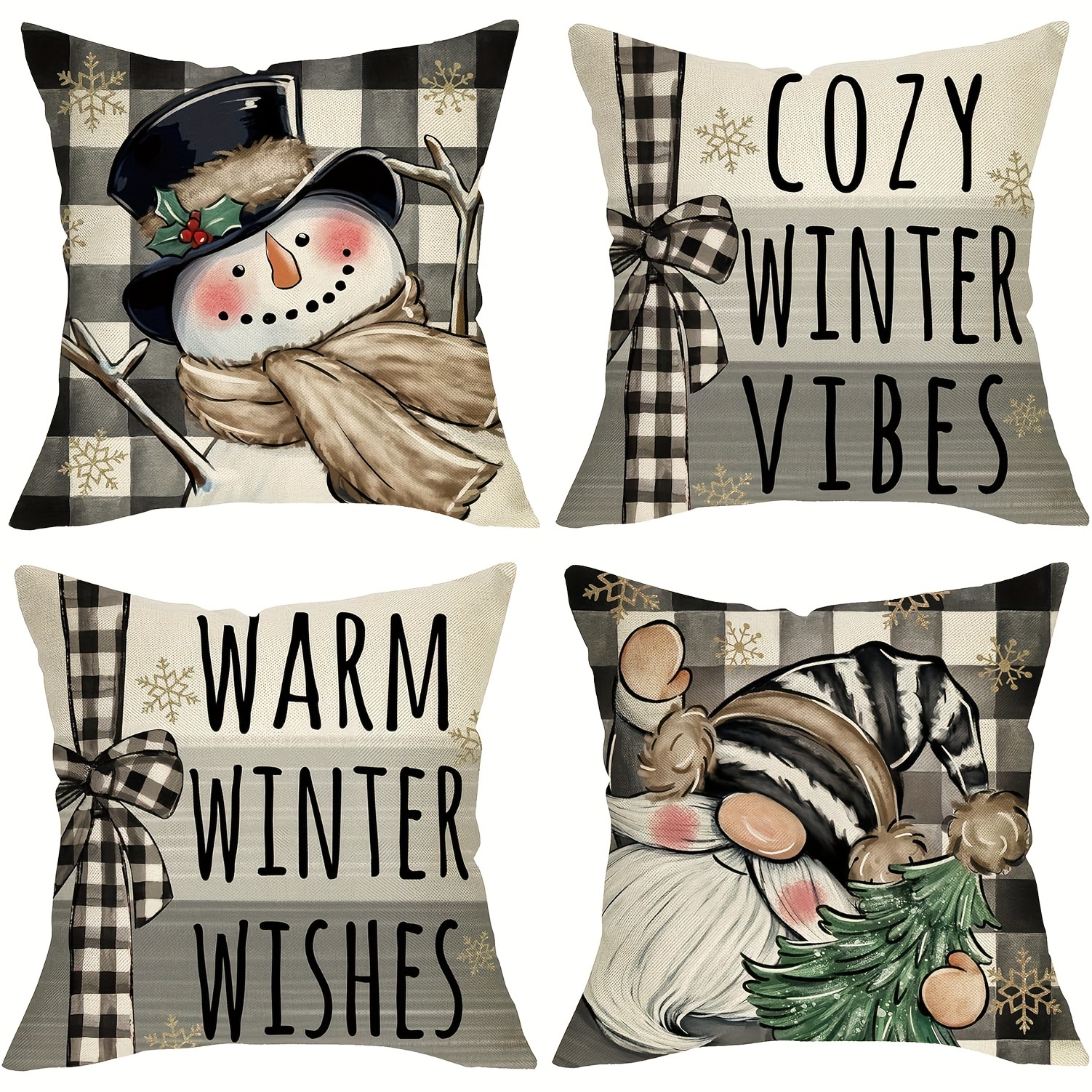 

4-pack Contemporary Polyester Throw Pillow Covers 18x18 Inches, With Snowman And Designs, Cozy Winter Vibes & Wishes, Zippered, Machine Washable For Home Decor