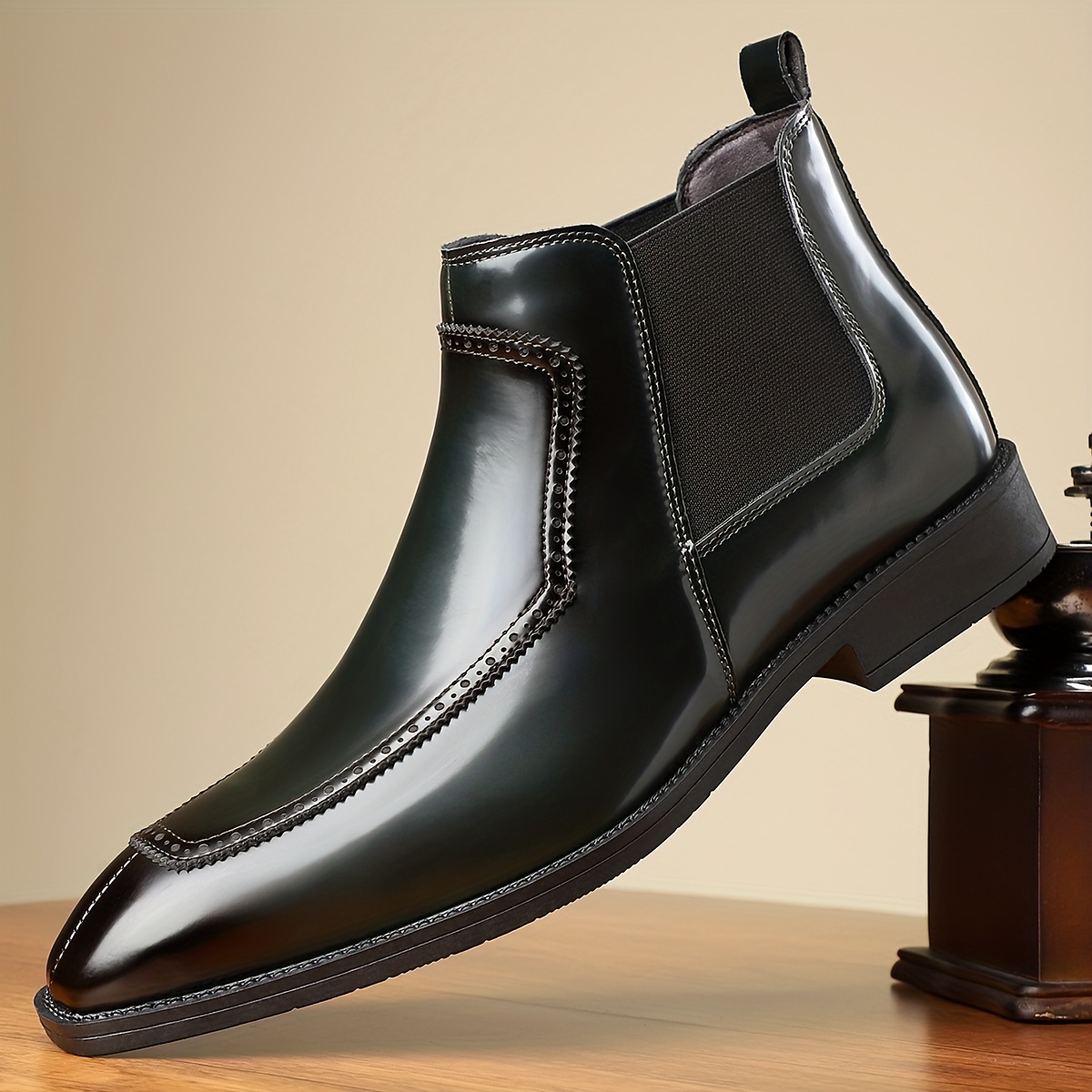 Men's Slip-On Boots - Durable Rubber Sole, Black Ankle Boots with Pointed Toe & Elastic Band, All-Season Casual Street Style Shoes