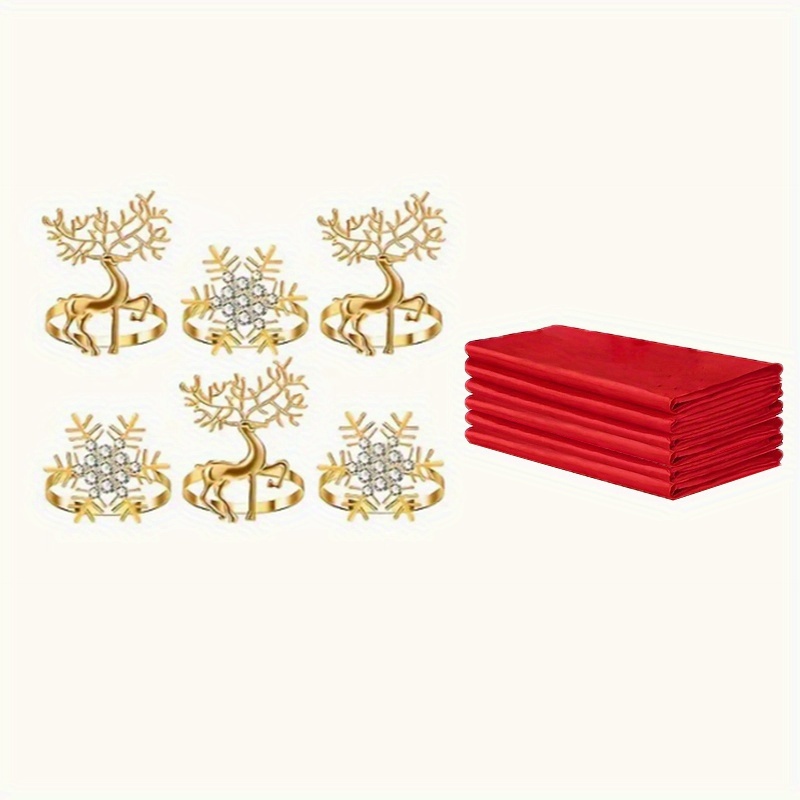 Image of Christmas Napkin Set For Holiday Table - 6 Glossy Satin Fabric Napkins And 6 Metal Napkin Rings, 12-pcs Festive Decor For Christmas, New Year, Winter Parties