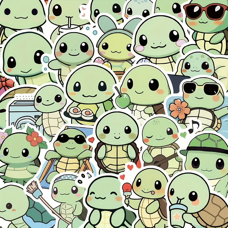 

50pcs Adhesive Cartoon Turtle Stickers, Paper Material, Self-stick, Reusable, Irregular Shapes, For Laptops, Skateboards, Luggage, And Phone Decoration