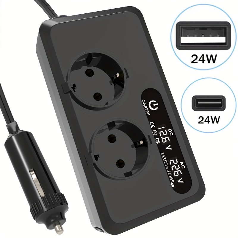 Onduleur de Puissance pour Véhicule 400W Convertissant DC 12V en AC 230V, avec Adaptateur de Voiture et 2 Ports USB, 2 Ports Type-C, un Écran LCD et des Prises AC, Conçu pour l'UE