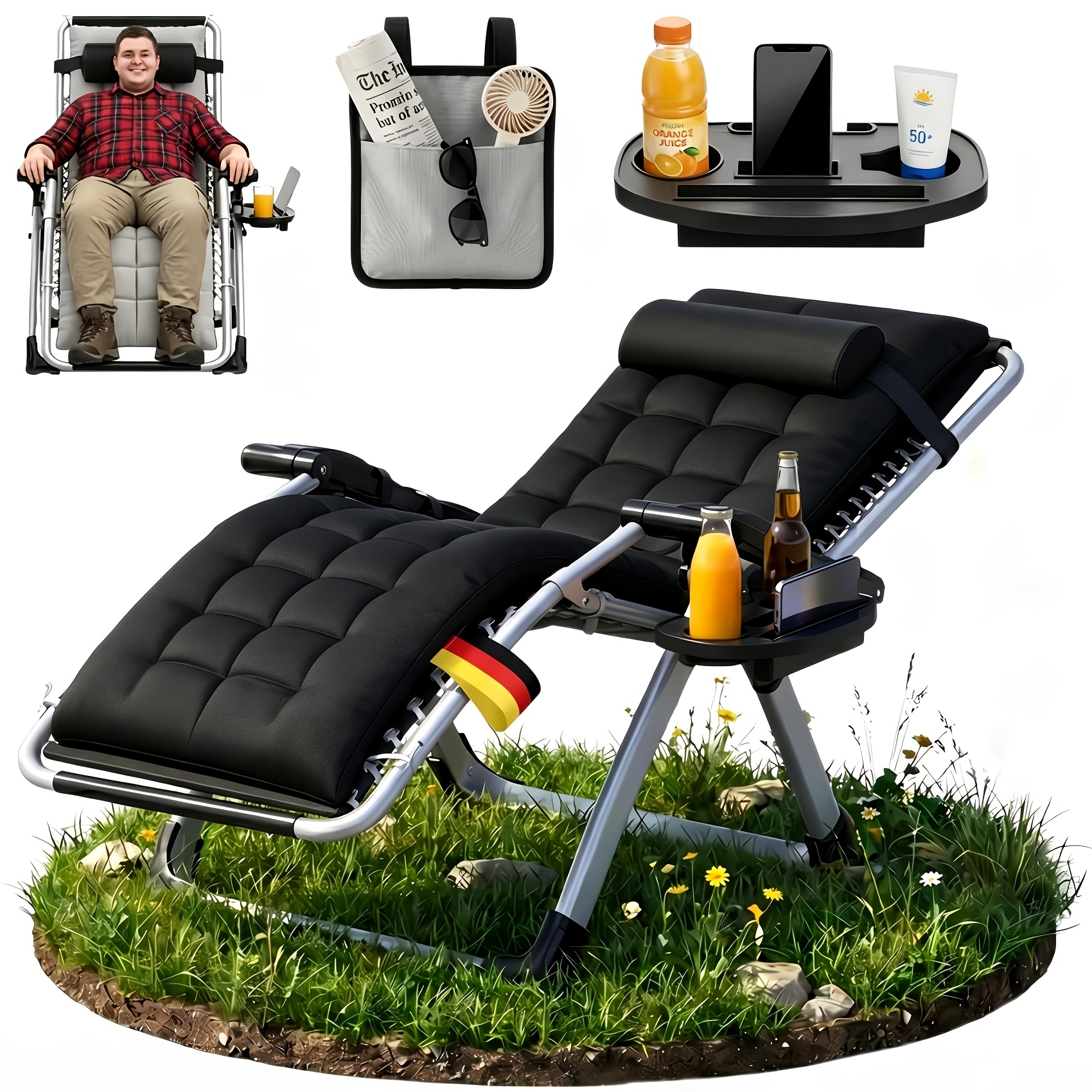 Image of Portable Garden Seating, Reclining Lounge Chair With Detachable Cushion, Cup Holder, And Protective Cover, Adjustable Anti-gravity Chair With Locking Mechanism And Footrest