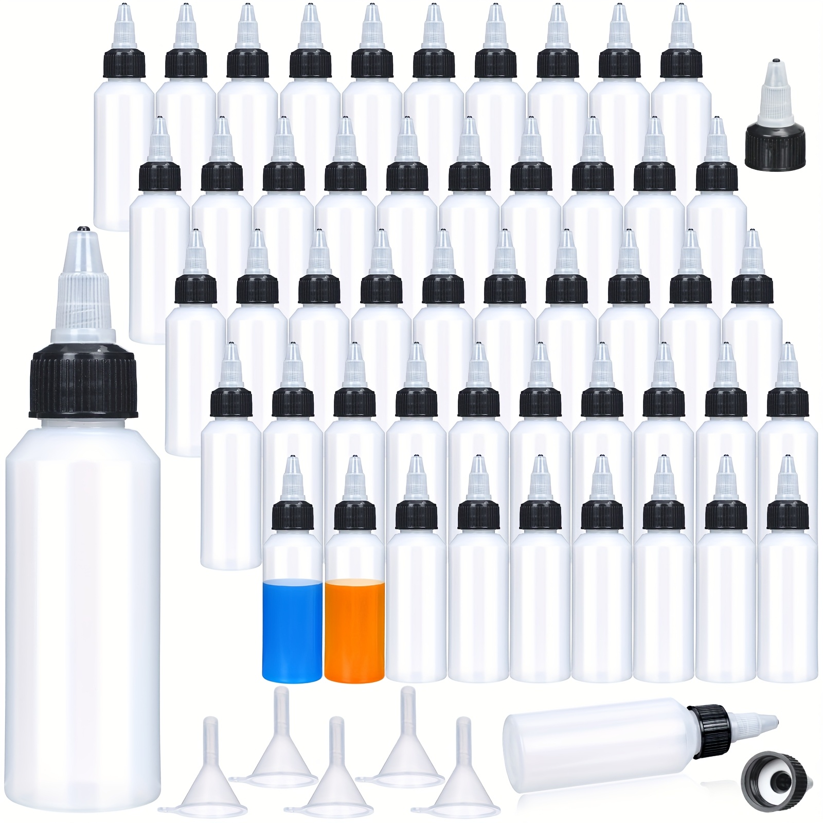 

100pcs 2oz Bottles Plastic Squeeze Condiment Travel Hair Oil Applicator Bottle Small Boston Dispensing Bottles With Twist Cap 5pcs Funnel Liquid Mini Dressing Container Paint