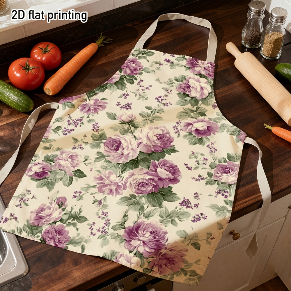 TEMU 1pc Vintage Pattern Apron - Elegant Kitchen Apron For Home Baking, , Picnics - Ideal Gift For Flower Lovers And Mothers, 2d