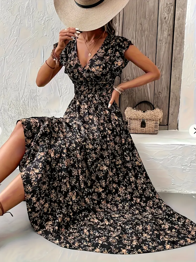 Women'S V-Neck Floral Print Fit and Flare Dress, Ruffle Sleeve, Extra Long, Floor-Length, Polyester, with Shirred Details, for Spring/Summer Women'S V-Neck Floral Print Fit and Flare Dress, Ruffle Sleeve, Extra Long, Floor-Length, Polyester, with Shirred Details, for Spring/Summer