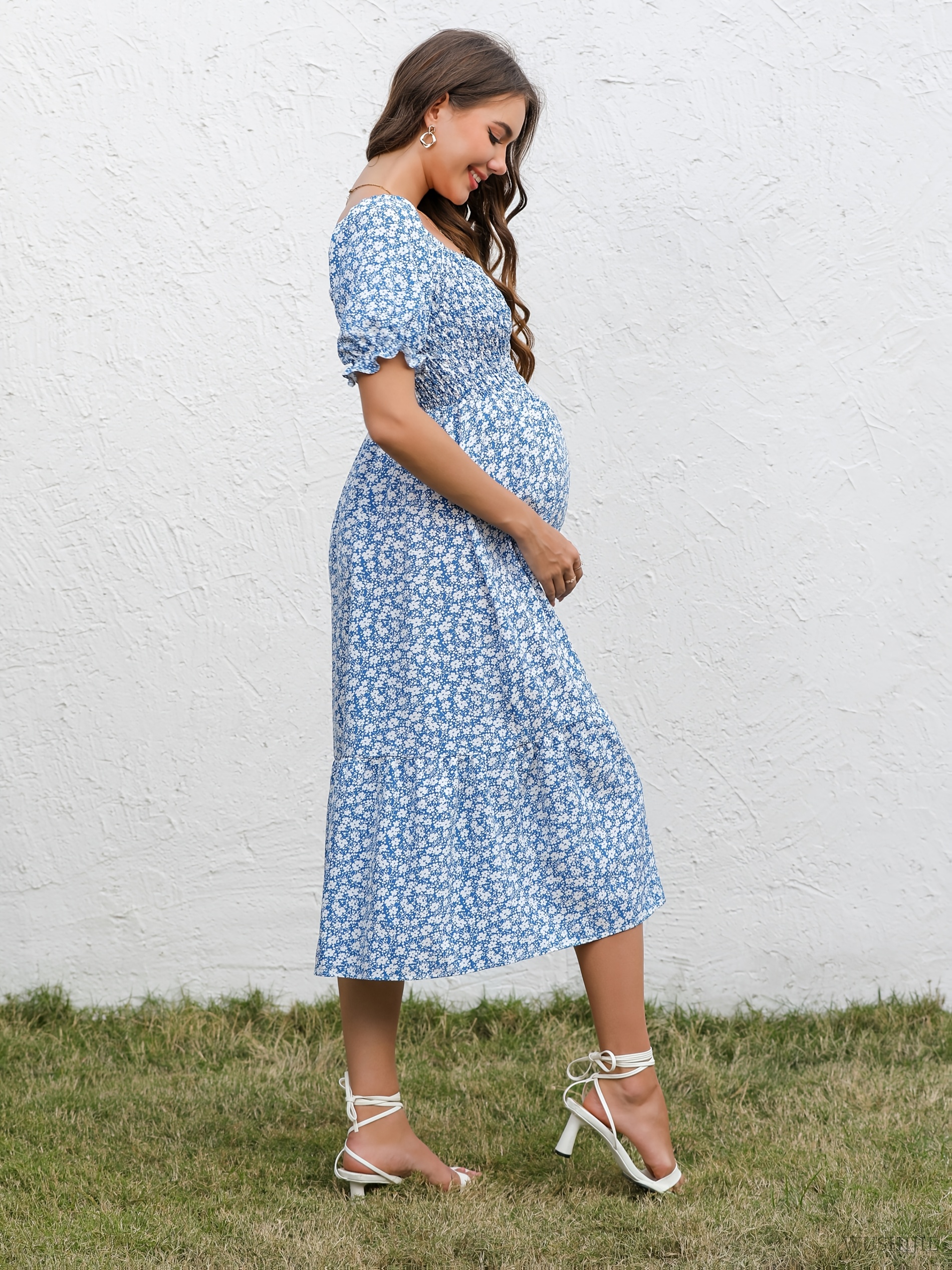 Chic Summer Maternity Dress with Square Neckline & Puff Sleeves - Cute  Floral Print, Machine Washable, Non-Stretch Fabric, Maternity Clothes
