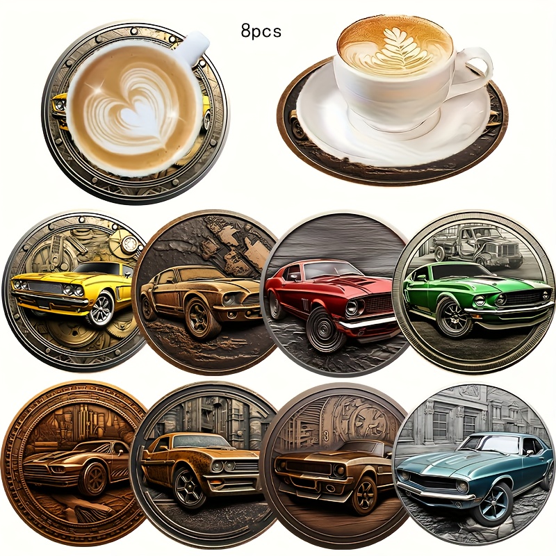 TEMU 8pcs Set Vintage Car Theme Wooden Coasters With Non-slip Design For Tabletop Protection, Cups, With Decorative Display And Collectible Gifts,