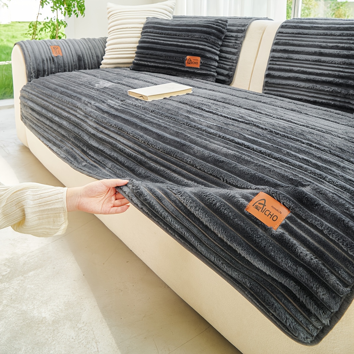 TEMU 1pc Luxurious Angora Sofa Cover, Thickened Quilted; Suitable For 1/2/3/4-seater And L-shaped Corner Sofas; Non-slip Pet-friendly Furniture