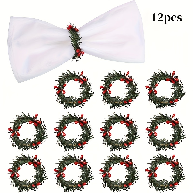 TEMU Set Of 12 Christmas Napkin Rings, Featuring A Pine Needle Wreath With Red Berries, Winter, Family Gatherings, Parties, And Christmas Table
