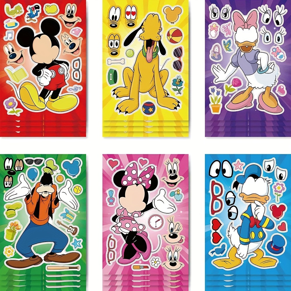 

A Set Of 12 Sheets Of Disney Make A Face Puzzle Stickers Featuring Characters Like Mickey Mouse And Donald Duck, It Can Be Used As A Beautiful Decoration For The Party And A Reward.