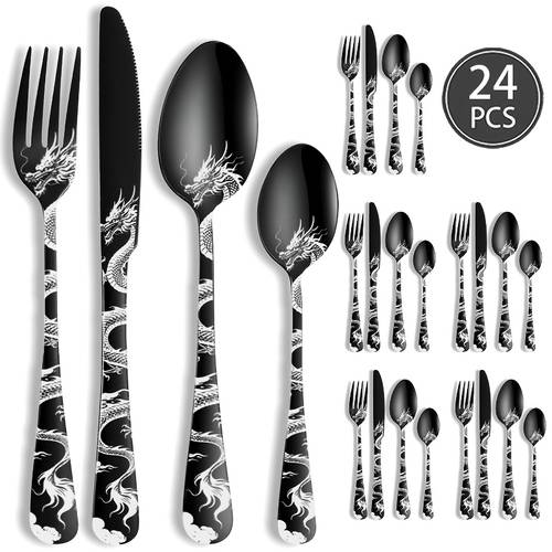 16 24 pcs complete flatware set chinese design dinner forks dinner spoons and dessert spoons mirror polished dishwasher dragon pattern ideal for new year gifts outdoor and party