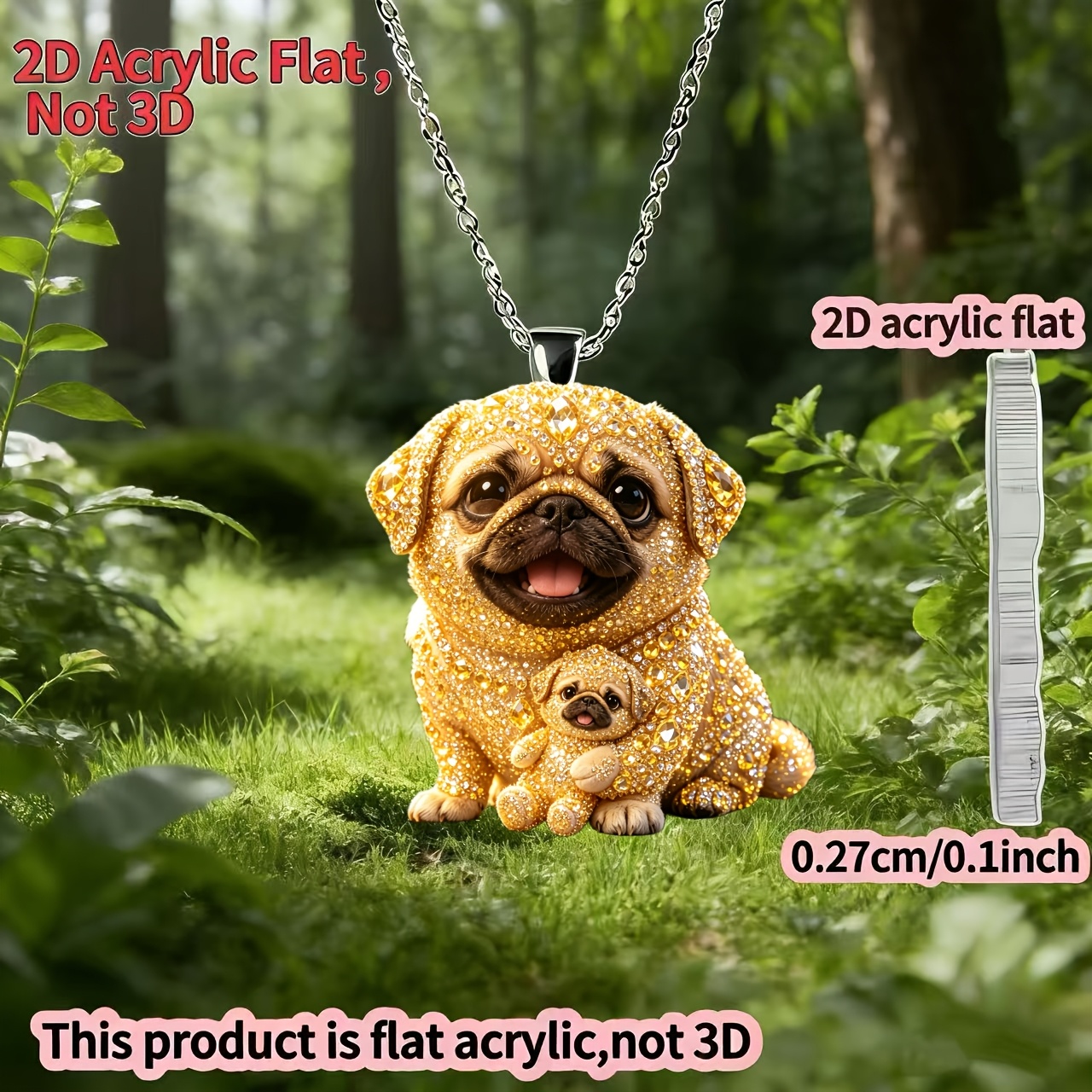 Acrylic Cute Pug Y-Shaped Pendant Necklace, Birthday Gift